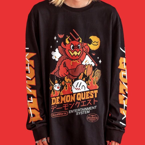 Black 100% cotton longsleeve with multi color digital print, unisex fit, NWT! - Picture 1 of 6